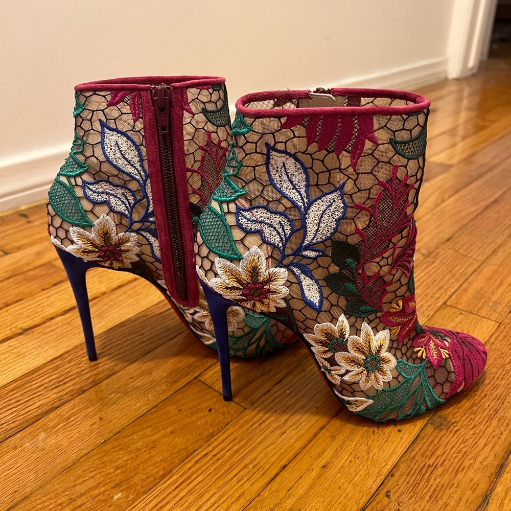 Christian Louboutin Size 38 Miss Tennis Floral-Embroidered Mesh Booties